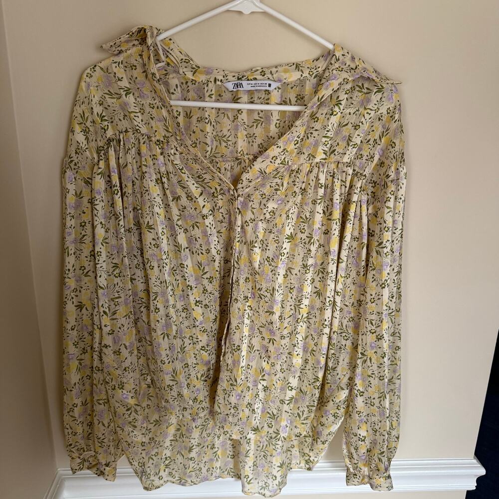 ZARA Preppy Summer Blouse Floral V-Neck Collared Balloon Sleeve Pleated Top - Picture 5 of 15